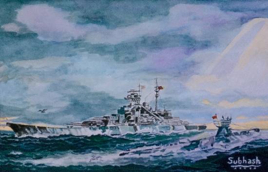 Painting by Subhash Bhate - U’boat passing BISMARCK!