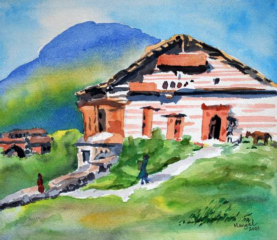 Painting by Mangal Gogte - By the hills, Himachal Pradesh