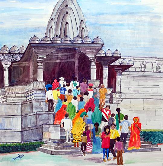Painting by Mangal Gogte - Rushing to pray