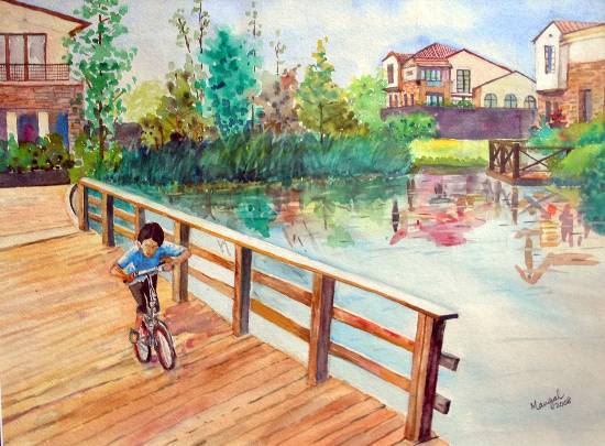 Painting by Mangal Gogte - The wooden bridge