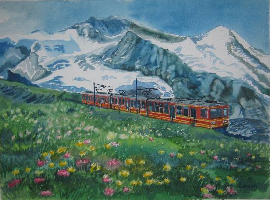 Paintings by Poonam Juvale - Red Train in Switzerland