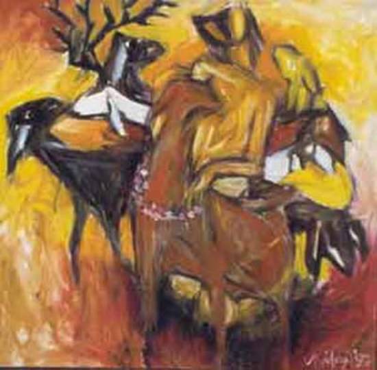 Painting by Milon Mukherjee - Boy and his goats