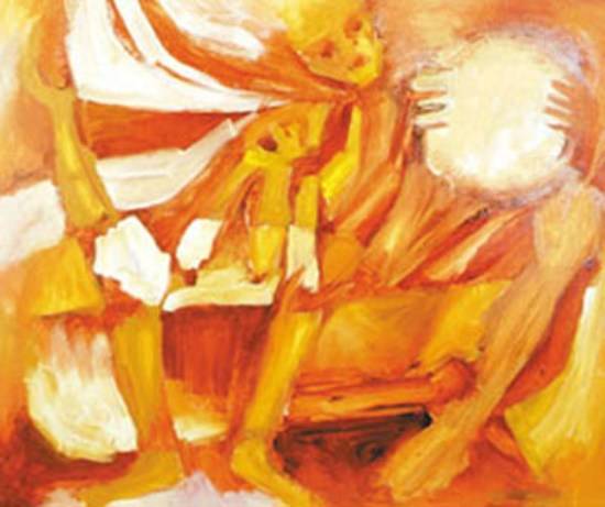 Painting by Milon Mukherjee - Couple with Dafli