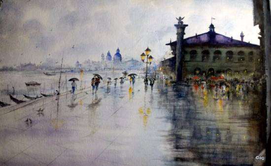 Paintings by Asmita Ghate - On the pier in rains