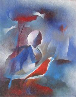 Painting by Bhawana Choudhary - Granny with three Beautiful Birds