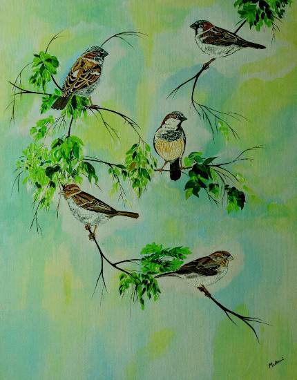 Paintings by Madhavi Srivastava - Five little sparrows