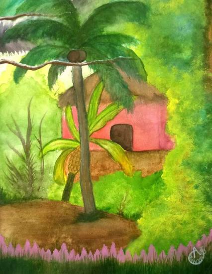 Paintings by Ananya Satish Pisharody - A Village Home At Kerala