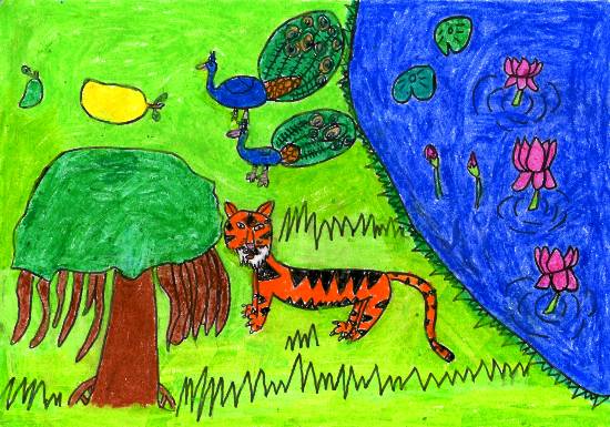 Painting by John P Anson - Indian National symbols in the forest