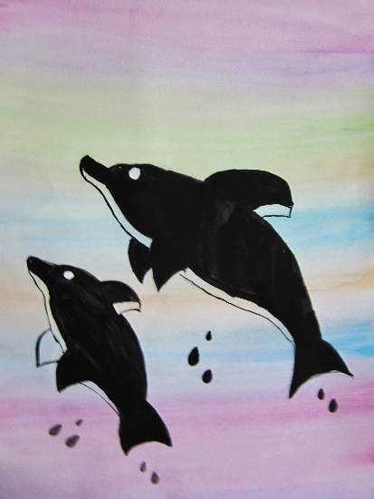 Painting by Parinaz Hoshedar Davar - Playful dolphins