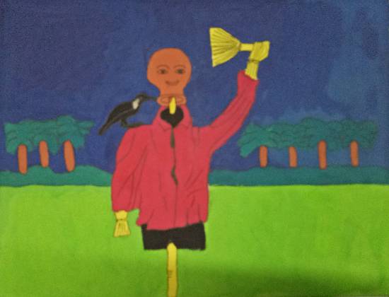 Painting by Tithi Mukhopadhyay - Scarecrow in the stormy field