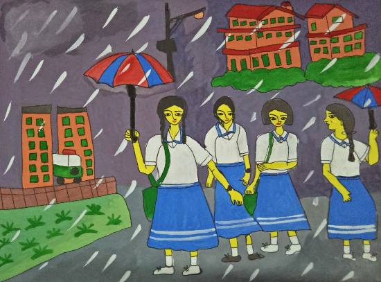 Painting by Tithi Mukhopadhyay - School girls coming home on a rainy day