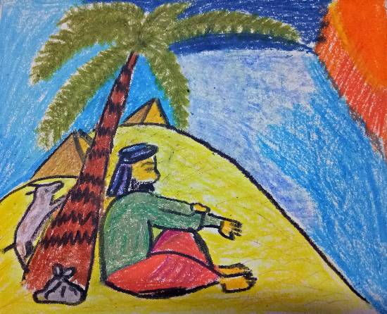 Painting by Tithi Mukhopadhyay - Resting man in desert