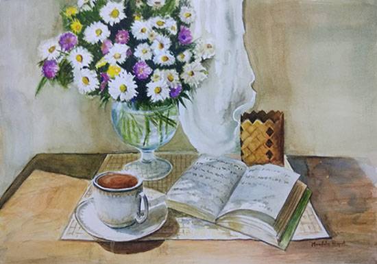 Painting by Mrudula Bapat - Tea, Book and Flowers