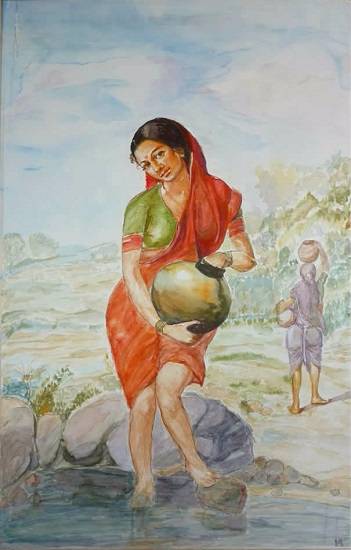 Painting by Mrudula Bapat - On the river bank