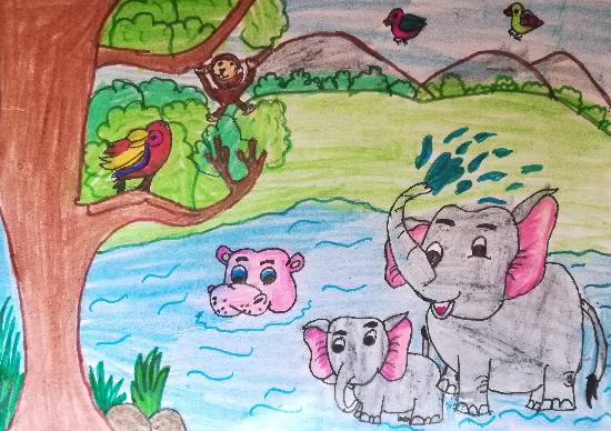 Painting by Hanshal Banawar - Jungle pool