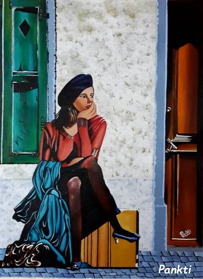 Paintings by Pankti Jain - A young girl waiting for someone on the street - 2