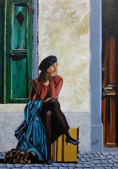 Paintings by Pankti Jain - A young girl waiting for someone on the street