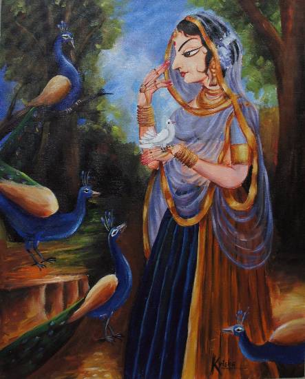 Painting by Krisha Amish Shah - Woman with peacocks