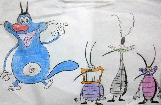Painting by Vansheeta Acharya - Oggy and the Cockroaches