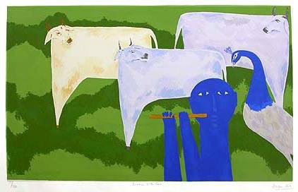 Paintings by Haku Shah - Krishna with Cow