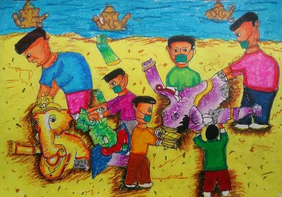Painting by Drona Hirwe - Ganesha Visarjan