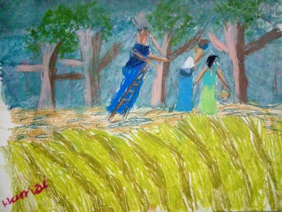 Painting by Hamsini Aswin - Ladies on a farm
