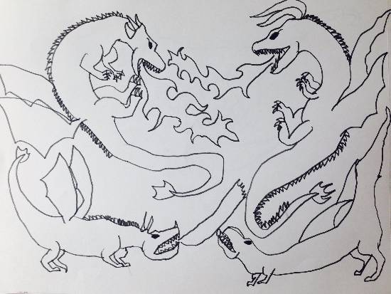 Painting by Siddharth Basuray - Fighting Dragons Sketch